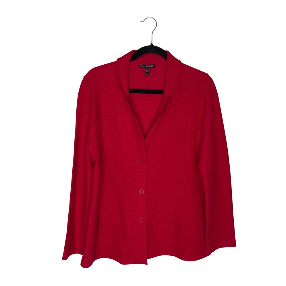 Eileen Fisher Cardigan Womens Medium Red Excellent Boiled Merino Wool Blazer
